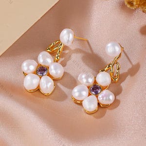 Freshwater Pearl Flower Earrings: 18K Gold-Plated Zircon, S925 Silver Studs