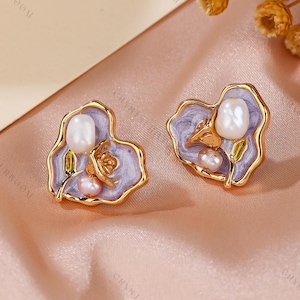 Pearl Heart Earrings: Gold-Plated Enamel 3D Rose, Handmade Vintage Style