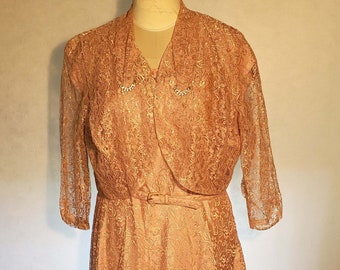 Vintage Pink Lace Party Dress with Jacket, RARE larger size, 1950s