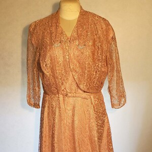 Vintage Pink Lace Party Dress with Jacket, RARE larger size, 1950s