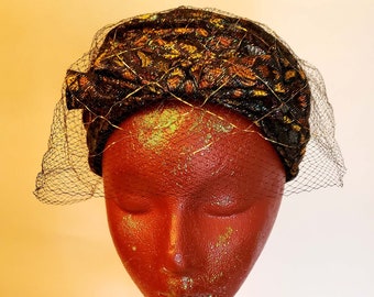 50s-60s Black, Copper, Gold Brocade Evening Hat, Cocktail Hat by Valerie Modes