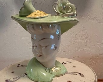 Vintage Glamour Head Vase, Large Green hat, Roses, 5 1/2"