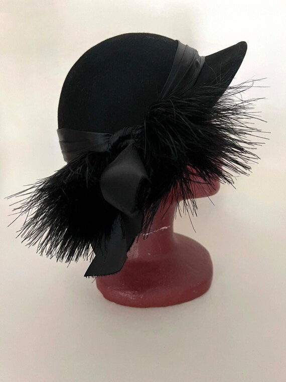 Sommert Kaufmann Black Wool Felt Cloche Hat, Feat… - image 2