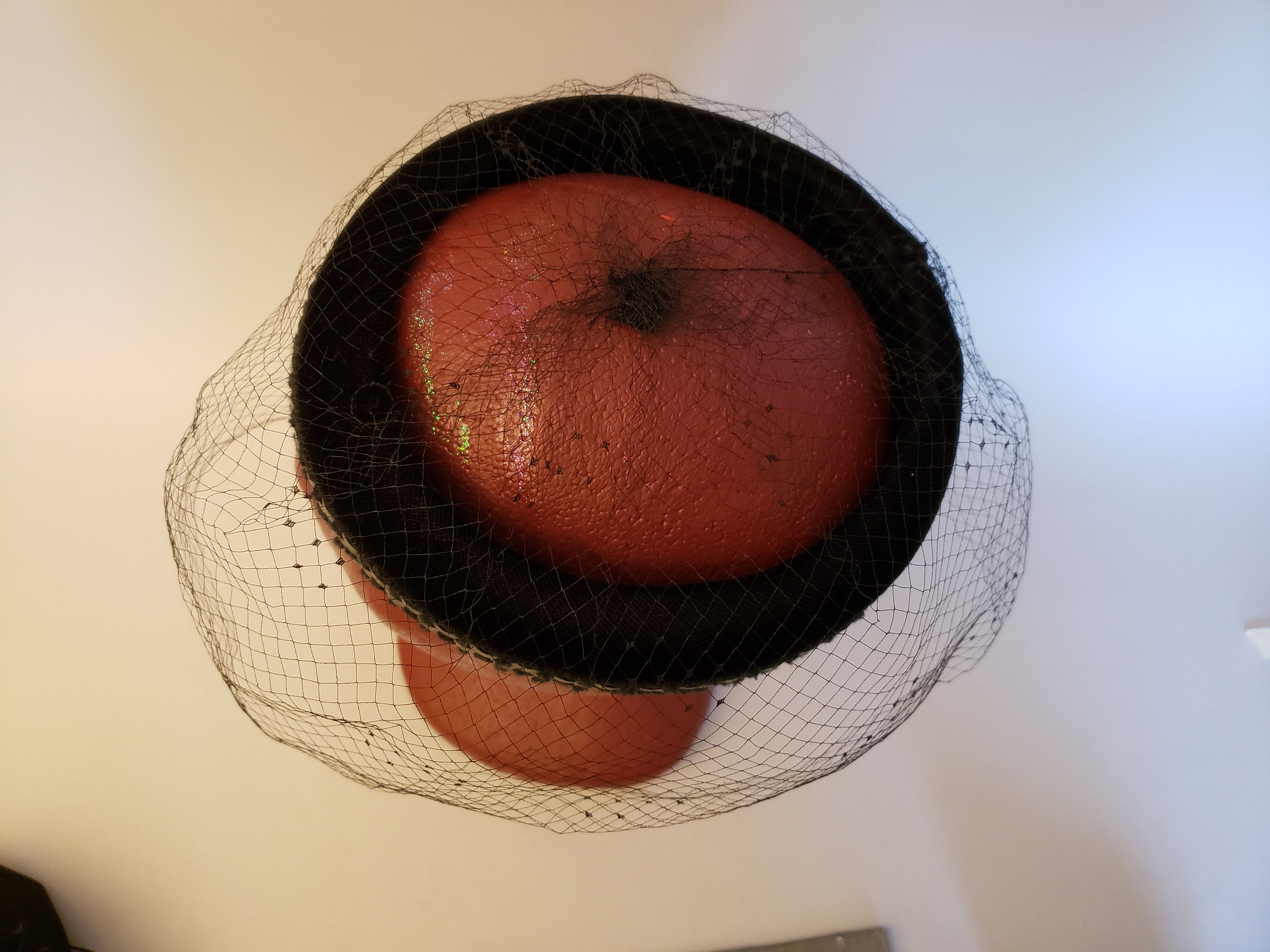 1950s Black Velvet Pillbox Hat, Dotted Netting, Open Crown 