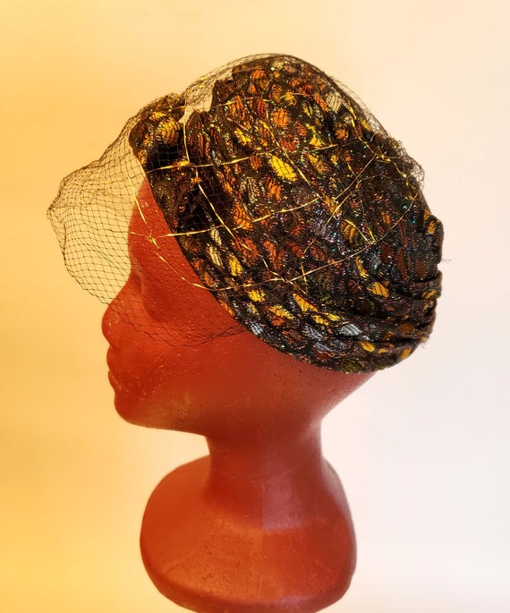 50s-60s Black, Copper, Gold Brocade Evening Hat, … - image 2