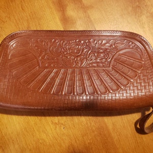 Vintage Large Hand Tooled Leather Clutch, Wrist Strap,