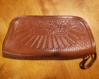 Vintage Large Hand Tooled Leather Clutch, Wrist Strap,