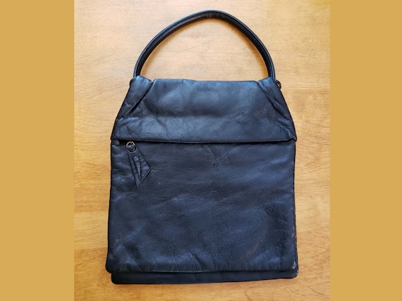 60's Black Leather Handbag, Purse, Retro, Vintage - image 1