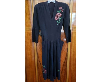 1940s Black Crepe Dress with Floral Sequin Accents, Vintage, Retro