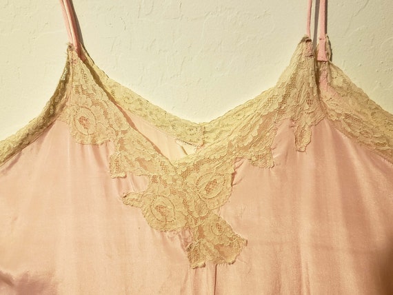 40s Vintage Pink Silk Lace Slip/Dress, Sz 42 - image 3