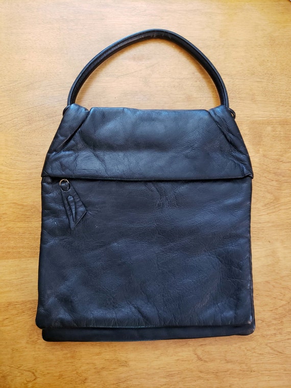 60's Black Leather Handbag, Purse, Retro, Vintage - image 2