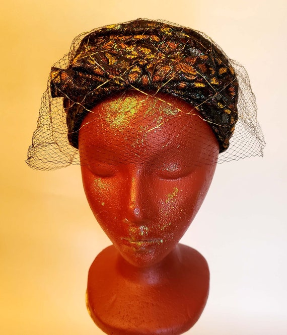 50s-60s Black, Copper, Gold Brocade Evening Hat, … - image 1