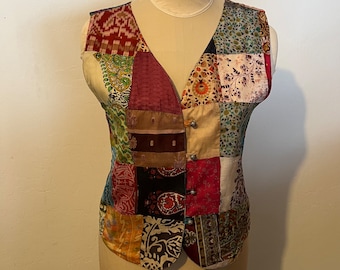 Vintage Silk Patchwork Vest, Reversible, Small/Medium