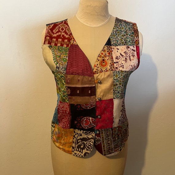 Vintage Silk Patchwork Vest, Reversible, Small/Med