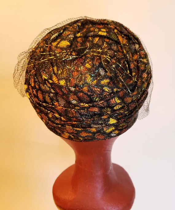 50s-60s Black, Copper, Gold Brocade Evening Hat, … - image 5