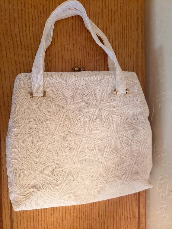 Vintage White Beaded Handbag, Purse, Hand beaded … - image 9