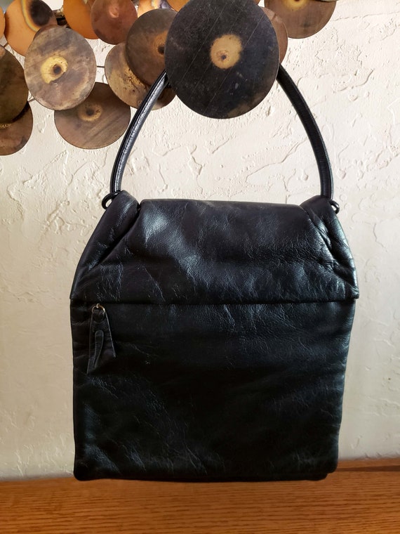 60's Black Leather Handbag, Purse, Retro, Vintage - image 6