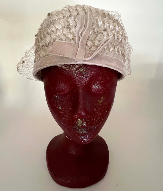Braided Straw Cloche, Netting, Velvet Hatband, Vi… - image 1