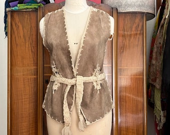 Vintage 60s-70s Suede Vest with Crochet Trim,, Sz Small