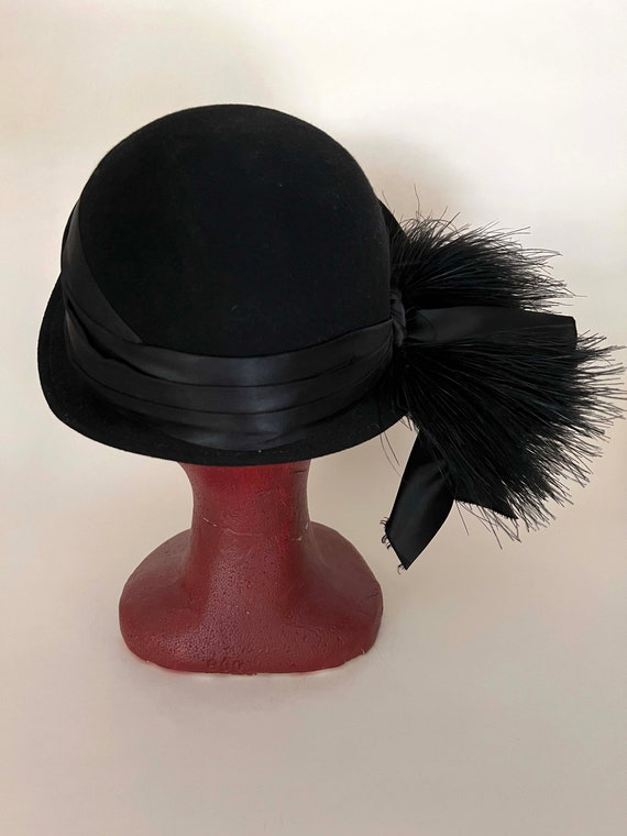 Sommert Kaufmann Black Wool Felt Cloche Hat, Feat… - image 5