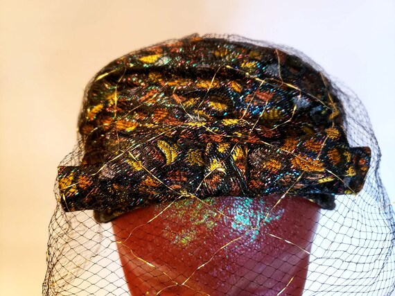 50s-60s Black, Copper, Gold Brocade Evening Hat, … - image 3
