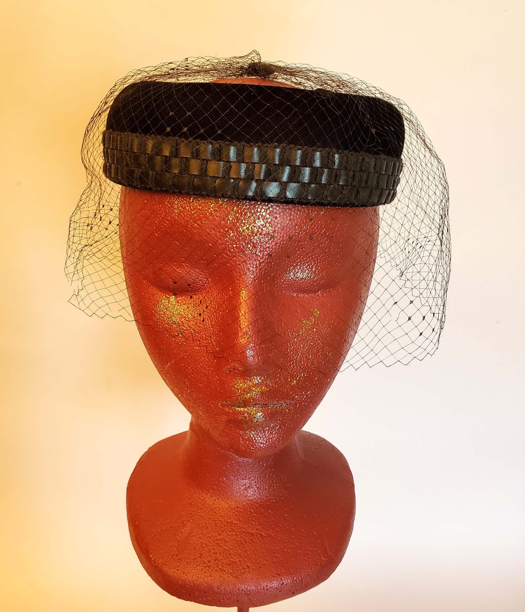 Vintage 50s Black Velvet Open-lattice Pom Pom Pillbox Hat, Vivian San Francisco 1950s Black Velvet Pillbox Hat, Dotted Netting, Open Crown  main image 3