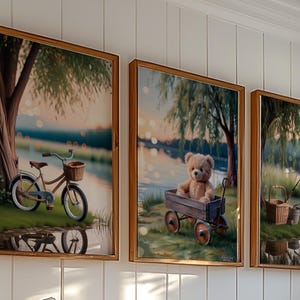 Fishing Nursery Art Prints, Teddy Bear & Bicycle, Set of 3 (Digital Download)