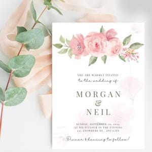 Wedding invitation template, floral wedding day invitation card, beautiful minimalist wedding card, digital canva editable wedding invite