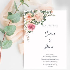 Wedding invitation template, floral wedding day invitation card, beautiful minimalist wedding card, digital canva editable wedding invite