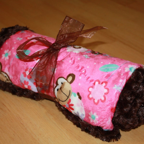 Minky Baby Blanket Monkey Print Minky in Hot Pink & Brown with Brown Minky Swirl Backing