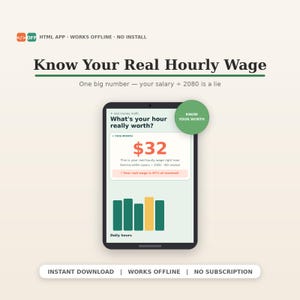 May include: A digital tablet displays an HTML app interface titled Know Your Real Hourly Wage. The screen shows a calculation of $32 per hour with a bar chart labeled Daily hours. Text includes Works Offline, No Install, and Know Your Worth.