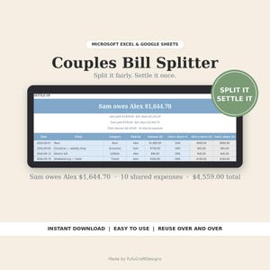 Couples Bill Splitter Spreadsheet | Split Rent, Bills & Expenses Fairly | Google Sheets + Excel