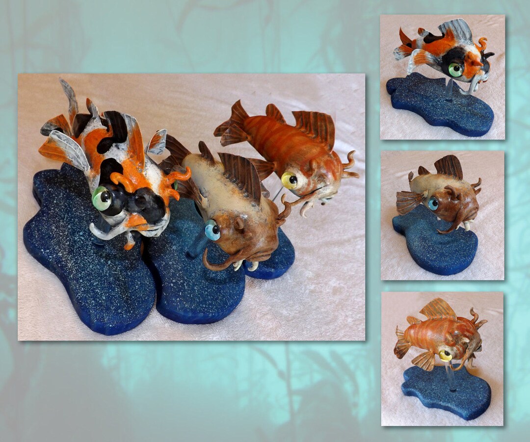 Catfish Platter Calico, Marmalade Tabby & Siamese Original Sculptures