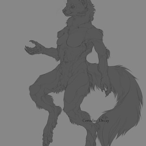 May include: Line art drawing of a furry creature with a long tail, standing on two legs. The creature has a human-like body and a head resembling a weasel. The drawing is in black and white and has a simple, stylized look.