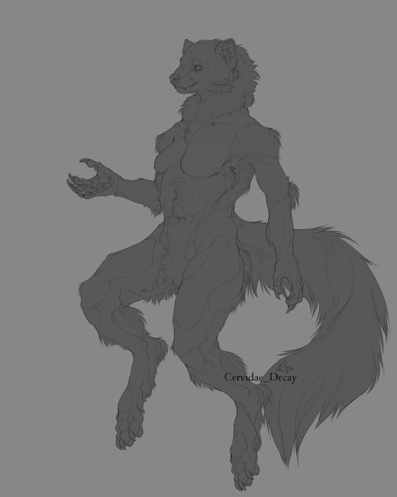 May include: Line art drawing of a furry creature with a long tail, standing on two legs. The creature has a human-like body and a head resembling a weasel. The drawing is in black and white and has a simple, stylized look.