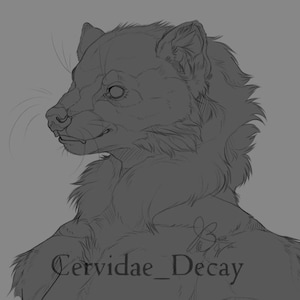 May include: Line art drawing of a furry animal with a long snout and large ears. The animal is looking to the left and has a slightly mischievous expression. The drawing is signed "Cervidae_Decay" in the lower right corner.