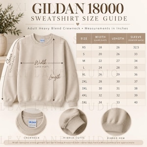 May include: A beige Gildan 18000 crewneck sweatshirt size guide featuring a measurement chart in inches. The graphic displays the garment with arrows indicating width, length, and sleeve measurements, plus close-ups of the collar, cuffs, and hem.