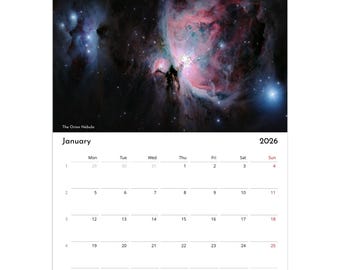 May include: 2026 wall calendar featuring a vibrant image of the Orion Nebula. The calendar shows the month of January with dates and days of the week. The top of the calendar has a spiral binding and a hole for hanging.