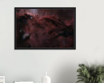 May include: A close-up photograph of a nebula in space. The nebula is a swirling mass of red, pink, and purple gas and dust. The nebula is filled with stars, some of which are bright and white, while others are faint and blue.