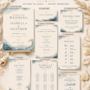 Peut inclure: Un ensemble de modèles de mariage côtier comprenant un panneau de bienvenue, une carte de placement, une invitation, une carte de remerciement, un programme, un menu de bar, un plan de table et un panneau de bienvenue alternatif.