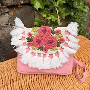 Handmade Embroidered Floral Crossbody Bag: Boho Cotton Purse with Tassels