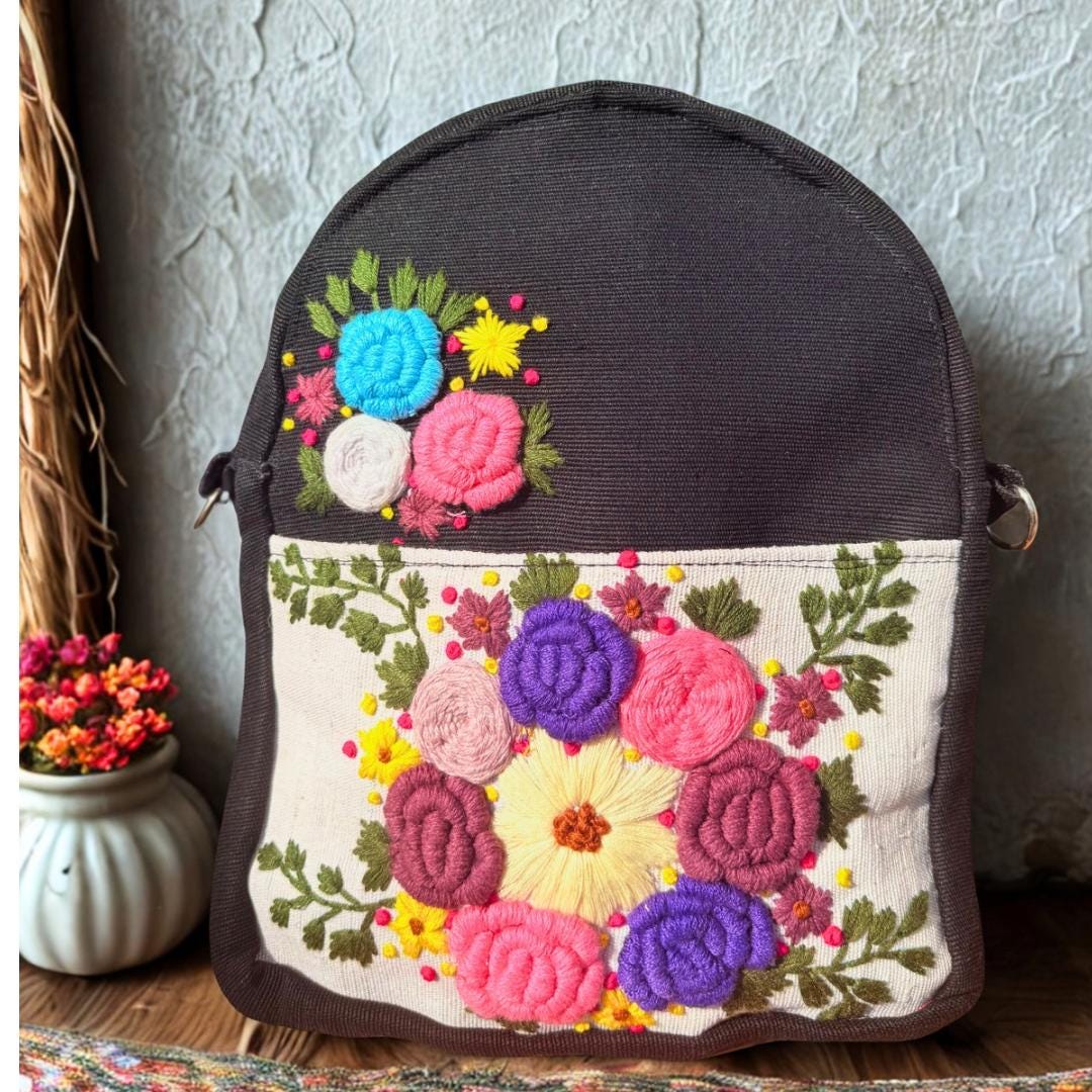 Boho Floral Hand Embroidered Embellished Upcycled Backpack Mauve Handmade Embroidered Floral Backpack: Boho Travel Rucksack  main image 3