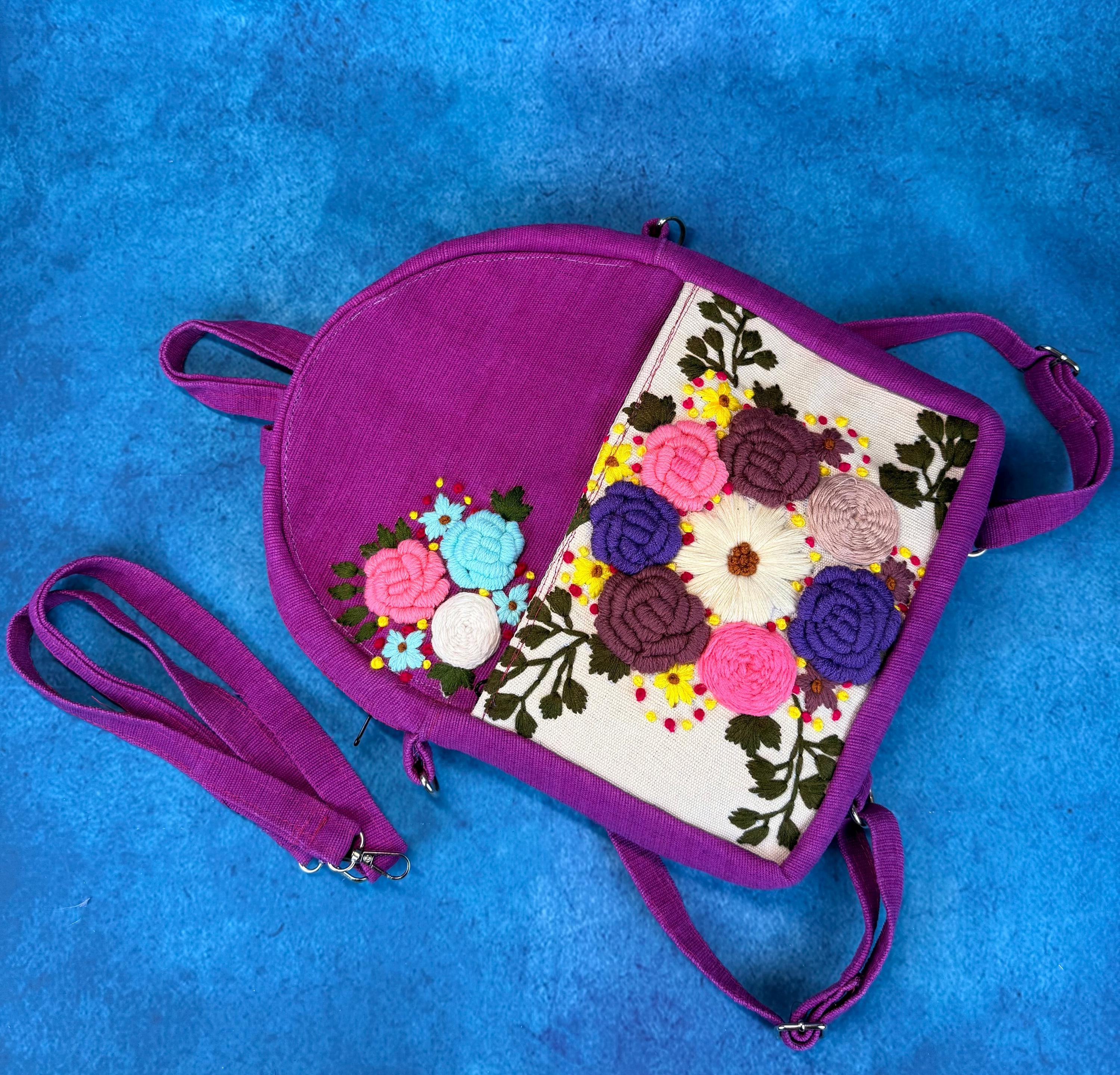 Boho Floral Hand Embroidered Embellished Upcycled Backpack Mauve Handmade Embroidered Floral Backpack: Boho Travel Rucksack  main image 2