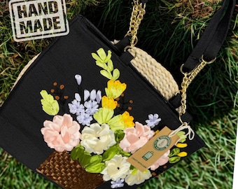 Handgefertigte, mit Blumen bestickte Jutetasche | Boho Handwerker Tasche