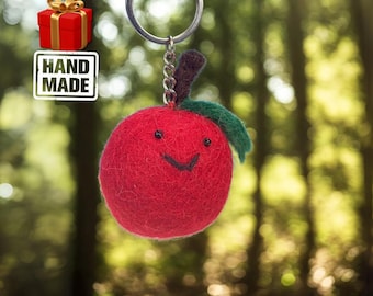 Handmade Felt Fruit Keychain Set | Eco-Friendly Apple Strawberry & Cactus Keyring | Sustainable Unique Boho Bag Charm Gift for Kids Adults