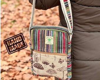 Handmade Hemp Crossbody Bag: Mushroom Print Boho Sling