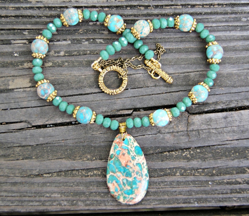 Green Aqua Terra Jasper and Matte Crystal Necklace