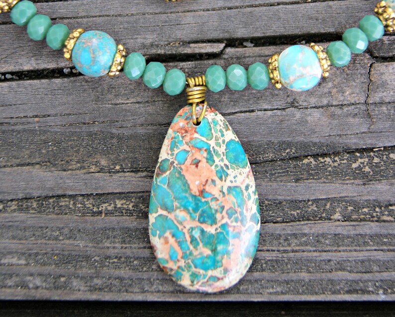 Green Aqua Terra Jasper and Matte Crystal Necklace