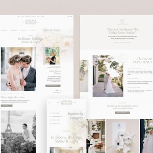 May include: A website for a wedding photographer, Aurora Winslet, featuring images of couples in various settings. The website includes a section titled "In Bloom: Weddings, Stories & Light" and a section titled "Explore by Category".