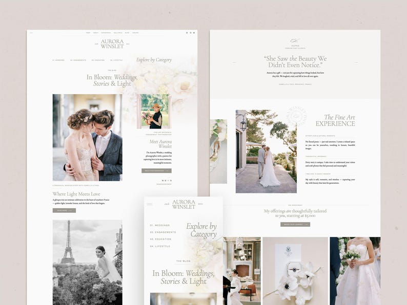 May include: A website for a wedding photographer, Aurora Winslet, featuring images of couples in various settings. The website includes a section titled "In Bloom: Weddings, Stories & Light" and a section titled "Explore by Category".